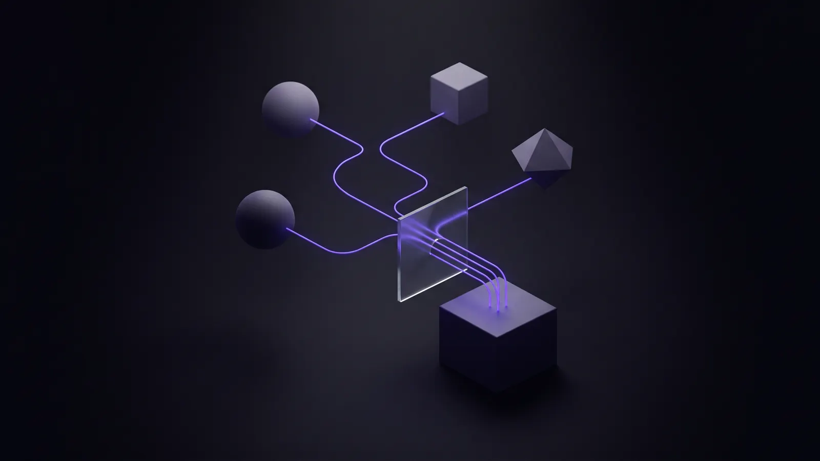 Geometric nodes connected by glowing paths that pass through a glass control plane before reaching a solid block