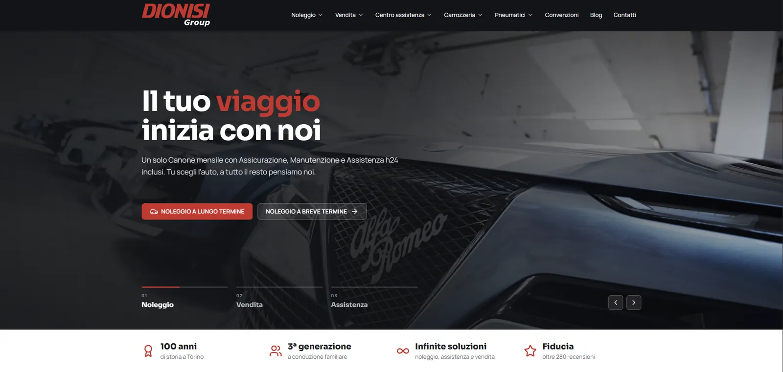 Home page of the Dionisi Group website: "Your journey starts with us", with rental, sales and service