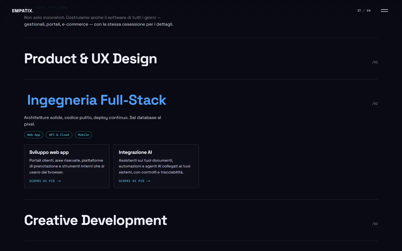 Sezione «Cosa facciamo» della home: la voce Ingegneria Full-Stack aperta, con le card dei servizi Sviluppo web app e Integrazione AI