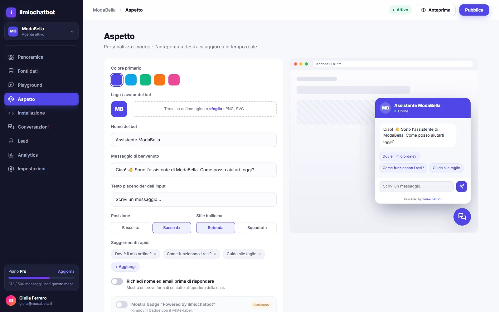Appearance screen: colour, logo, bot name and welcome message on the left, a live preview of the widget on the right