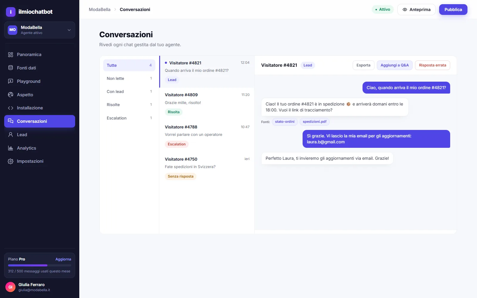 Conversations screen: list of chats with status filters and, on the right, a conversation showing the sources used to answer