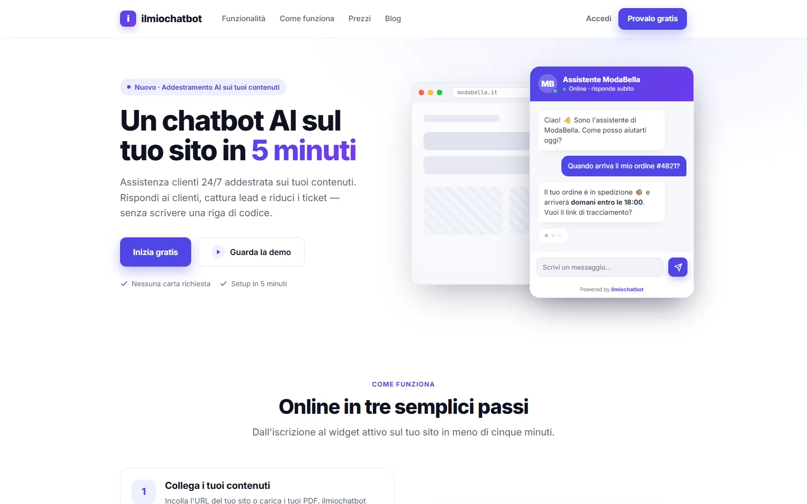 Home page di ilmiochatbot: «Un chatbot AI sul tuo sito in 5 minuti», con l'anteprima del widget di chat su un sito di esempio